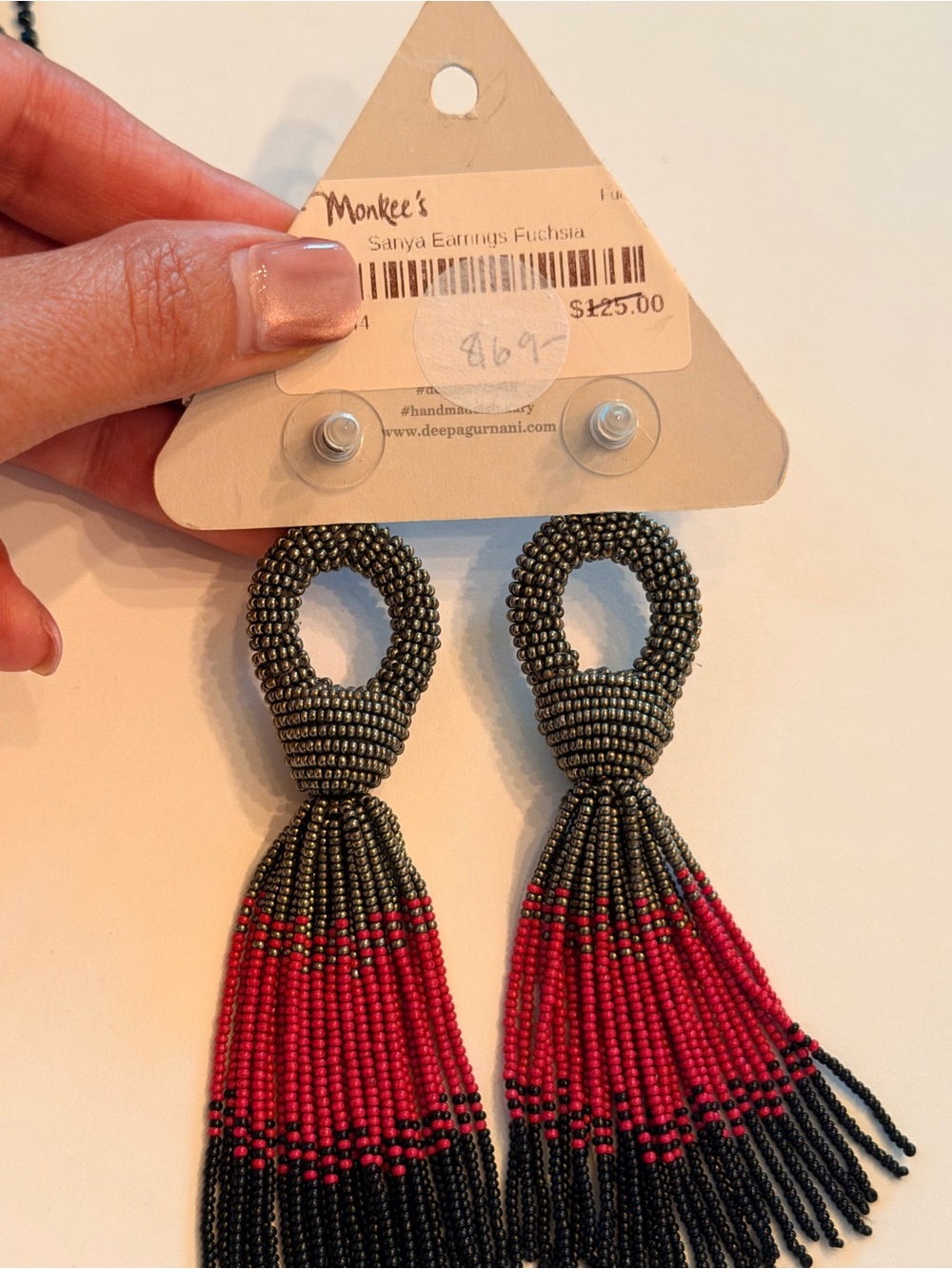 Deepa Gurnani Pink & Gunmetal Beaded Tassel Statement Earrings - Picture 2 of 2